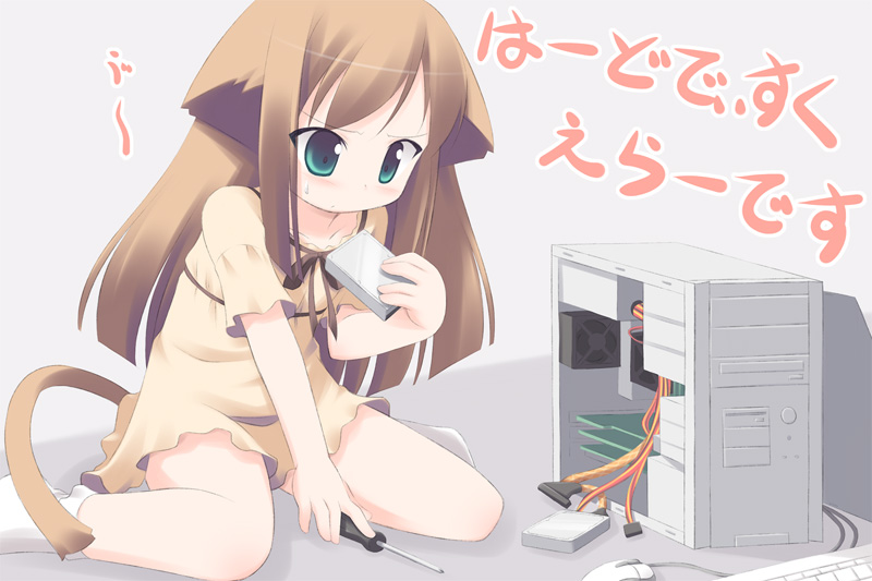 kagura yuuki, original, translated, 1girl, animal ears, blush, bow, brown hair, cat ears, cat tail, computer, computer keyboard, computer mouse, dress, female focus, flat chest, green eyes, hard drive, loli, long hair, mouse (animal), screwdriver, socks, solo, tail