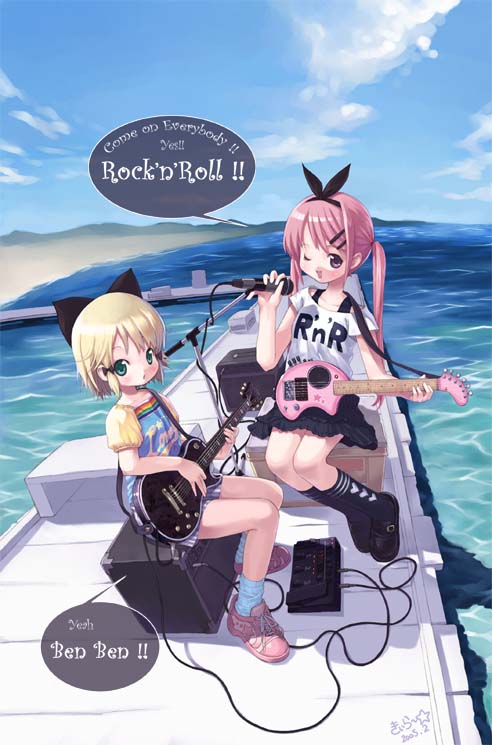 kiira, original, animal ears, blonde hair, bow, cat ears, child, english text, flat chest, green eyes, guitar, instrument, kneehighs, long hair, microphone, microphone stand, ocean, pink eyes, pink hair, purple eyes, shoes, short hair, skirt, sneakers, socks, twintails