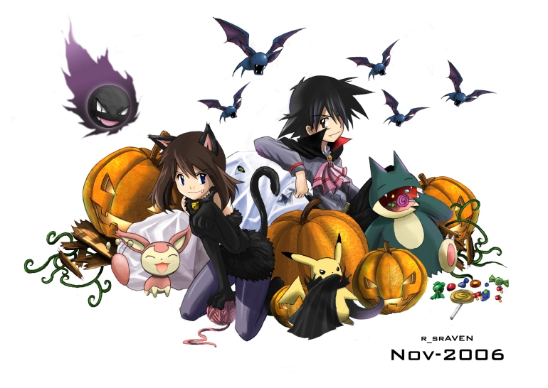 ash ketchum, gastly, may (pokemon), munchlax, pikachu, zubat, nintendo, pokemon, pokemon (anime), animal ears, bell, black hair, blue eyes, brown eyes, brown hair, cat ears, child, cosplay, dress, fang, gen 1 pokemon, gen 4 pokemon, halloween, pantyhose