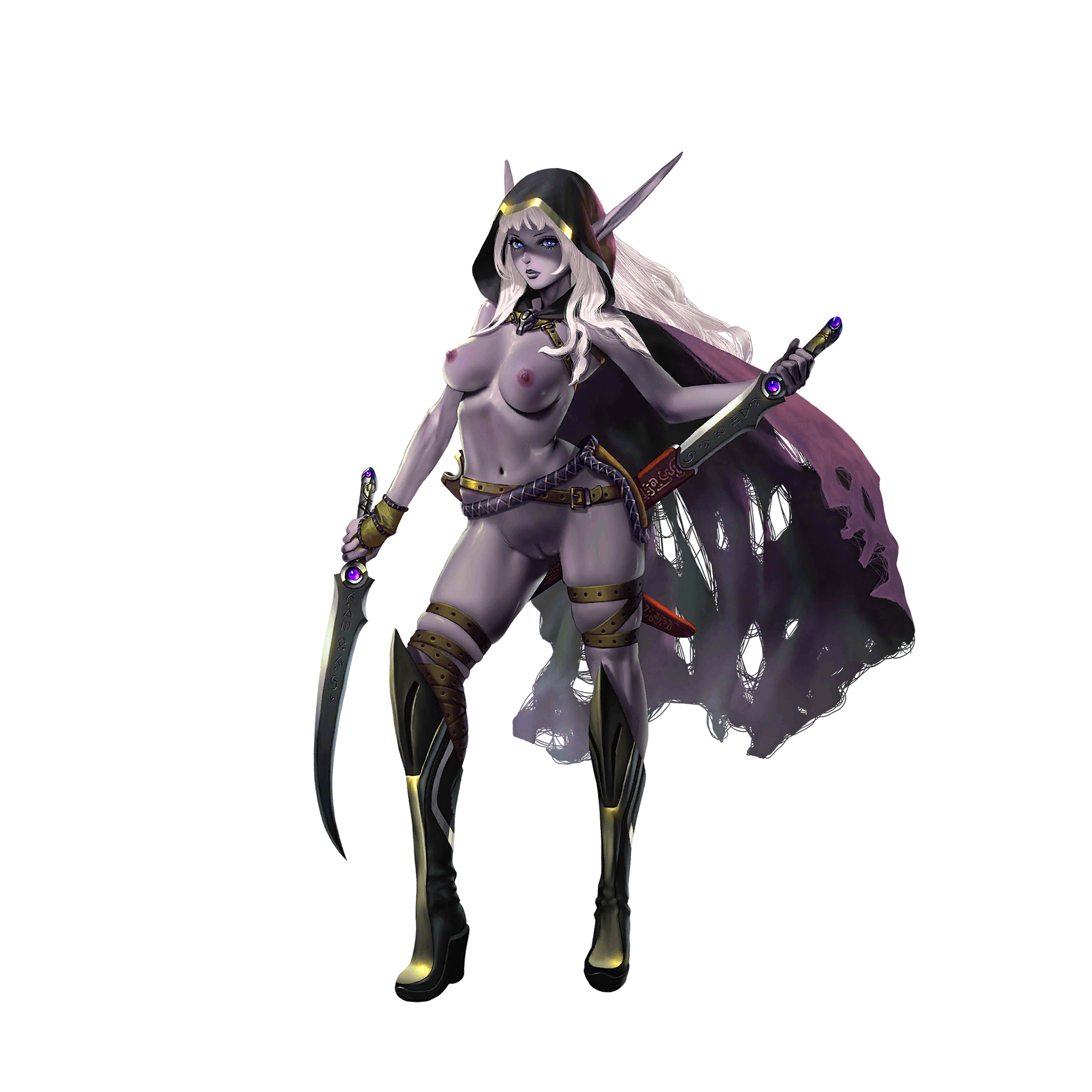 crystal maiden (series), artist request, game cg, highres, official art, variant set, 1girl, armor, belt, blue eyes, breasts, cape, colored skin, covered erect nipples, dual wielding, full body, grey lips, grey skin, hair over shoulder, holding, holding sword, holding weapon, hood, hood up, morindel (crystal maidens), navel, nipples, nude, panties, pointy ears, pussy, runes, scabbard, sheath, solo, sword, transparent background, underwear, very long ears, weapon, white hair