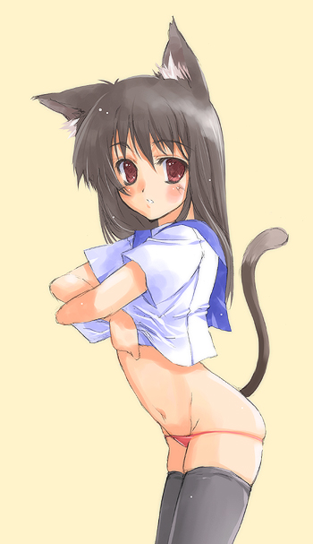 animal ears, black hair, blush, brown hair, cat ears, long hair, panties, red eyes, school uniform, serafuku, thighhighs, underwear