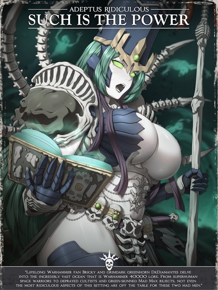zxpfer, nagash, warhammer fantasy, 1girl, book, breasts, cleavage, gauntlets, genderswap, genderswap (mtf), ghost, glowing, glowing eyes, grey hair, hat, holding, holding book, jewelry, large breasts, long hair, mage staff, mitre, necromancer, open mouth, pale skin, pelvic curtain, revealing clothes, shiny skin, skull ornament, skull pauldron, thighhighs, thighs, undead