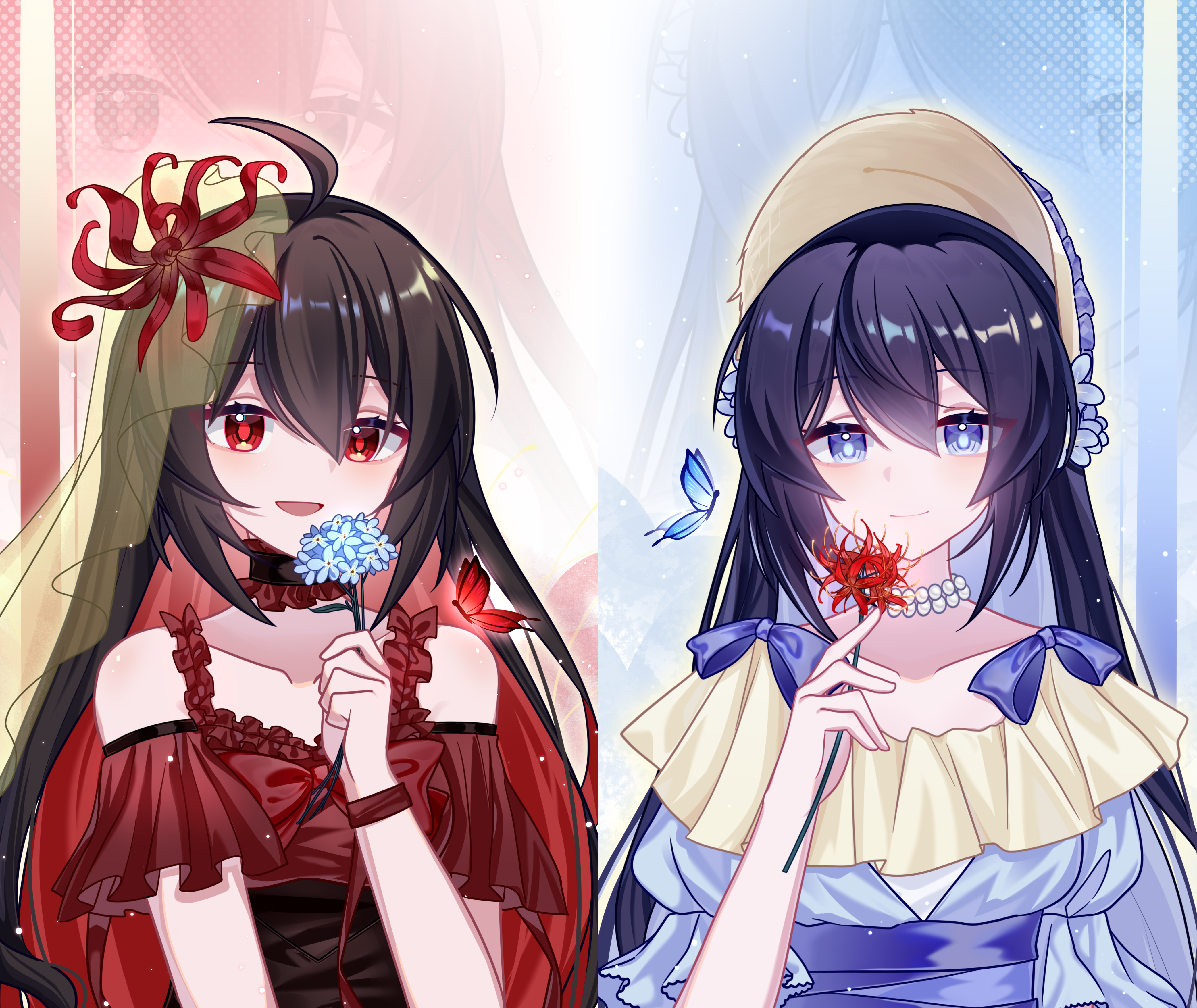 msyg2258, seele (alter ego), seele vollerei, seele vollerei (herrscher of rebirth), honkai (series), honkai impact 3rd, absurdres, chinese commentary, commentary request, highres, 2girls, ahoge, alternate costume, bare shoulders, black hair, blue dress, blue eyes, blue hair, breasts, bug, butterfly, collarbone, colored inner hair, dress, dual persona, flower, hair flower, hair ornament, holding, holding flower, insect, jewelry, long hair, multicolored hair, multiple girls, necklace, pearl necklace, red dress, red eyes, red hair, smile, two-tone hair, upper body, very long hair, zoom layer