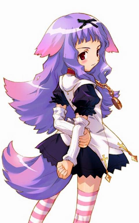 farfa krywa, dalk gaiden, striped, game cg, 1girl, animal ears, blush, bow, dog ears, dress, female focus, gloves, long hair, purple hair, red eyes, simple background, skirt, solo, thighhighs