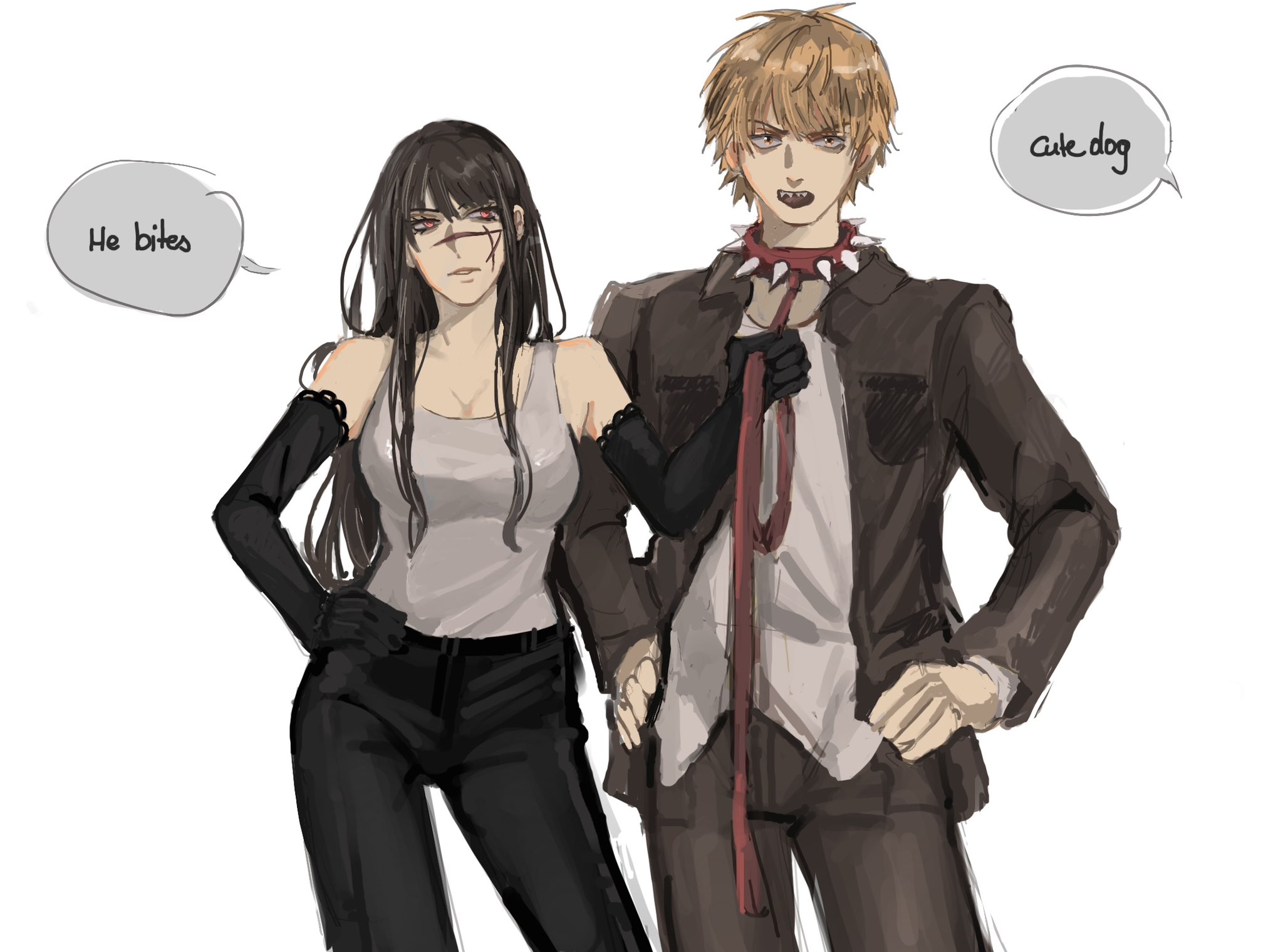 denji (chainsaw man), yoru (chainsaw man), chainsaw man, highres, 1boy, 1girl, animal collar, black hair, breasts, bunnymitaka, collar, collared shirt, cross scar, facial scar, hair between eyes, leash, long hair, looking at viewer, open mouth, pants, ringed eyes, scar, scar on cheek, scar on face, shirt, short hair, simple background, teeth, white background, white shirt