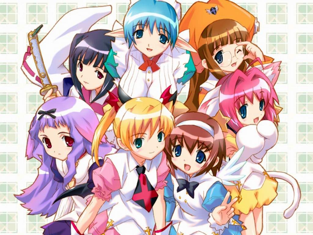 elesia prisis, farfa krywa, lisha anos, phime alfar, rezina faram, tokiko hojo, verna weina, alice soft, dalk gaiden, game cg, 6+girls, animal ears, black hair, blonde hair, blue eyes, blue hair, bow, brown hair, cat ears, dog ears, flat chest, glasses, green eyes, hairband, hat, long hair, maid, multiple girls, necktie, pink hair, purple hair, red eyes, short hair, twintails