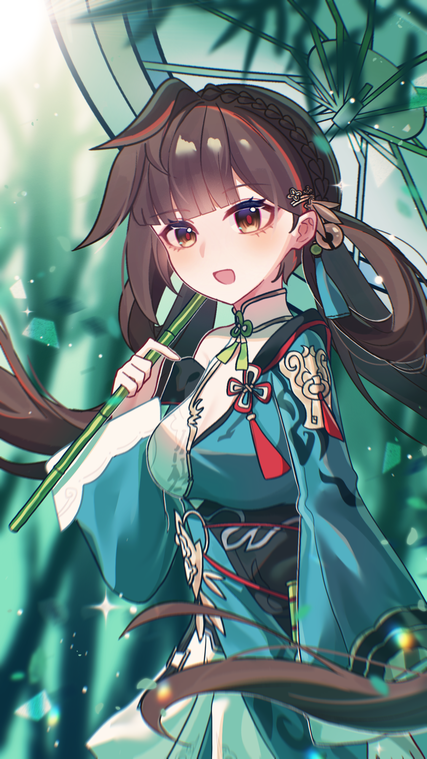 msyg2258, li sushang, li sushang (peregrine sword), honkai (series), honkai impact 3rd, absurdres, chinese commentary, commentary request, highres, 1girl, bamboo, bamboo forest, breasts, brown eyes, brown hair, cleavage, dress, forest, green dress, holding, holding umbrella, long hair, medium breasts, nature, open mouth, solo, umbrella, very long hair