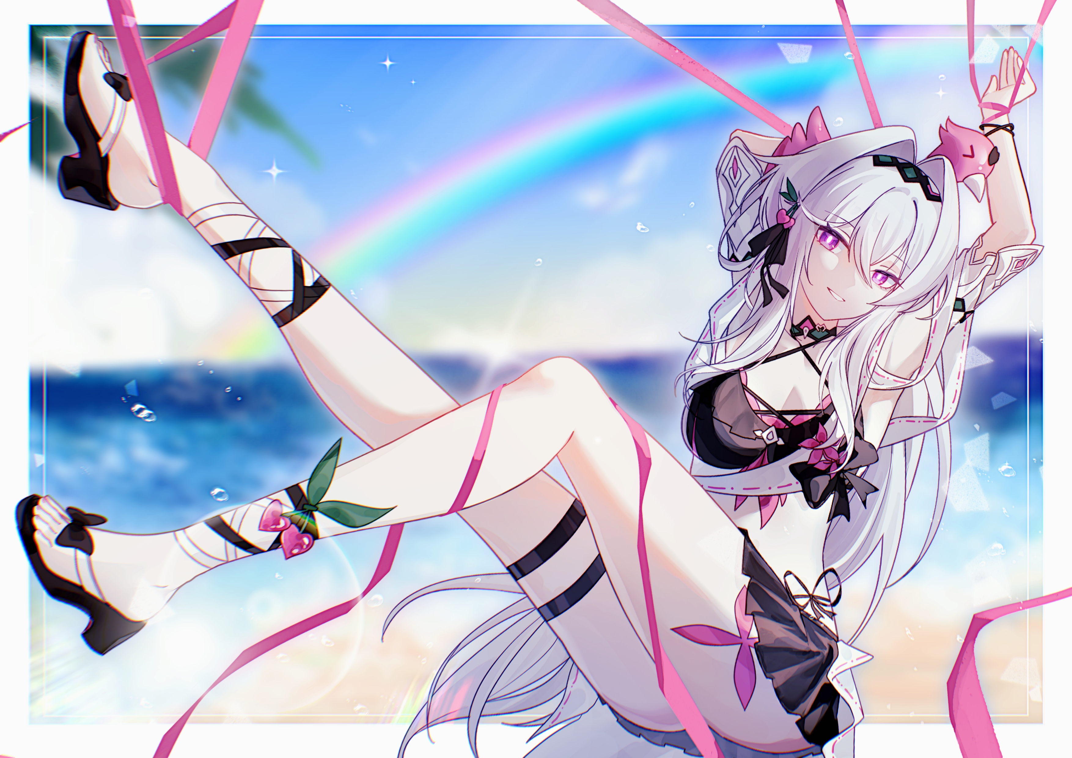 msyg2258, thelema nutriscu, blue archive, honkai (series), honkai impact 3rd, absurdres, chinese commentary, commentary request, highres, 1girl, bikini, black bikini, blurry, blurry background, border, bound, bound wrists, breasts, hair intakes, long hair, medium breasts, ocean, outdoors, purple eyes, rainbow, restrained, sandals, smile, solo, swimsuit, thelema nutriscu (roseate summer), thigh strap, thighs, toes, very long hair, white border, white hair