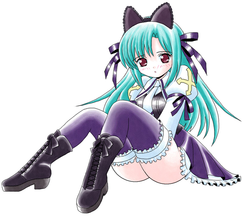 hayama kotono, shirafuji natsuki, saint october, 00s, animal ears, blue hair, blush, boots, brown eyes, cat ears, dress, gothic lolita, green hair, lolita fashion, long hair, red eyes, ribbon, solo, thighhighs