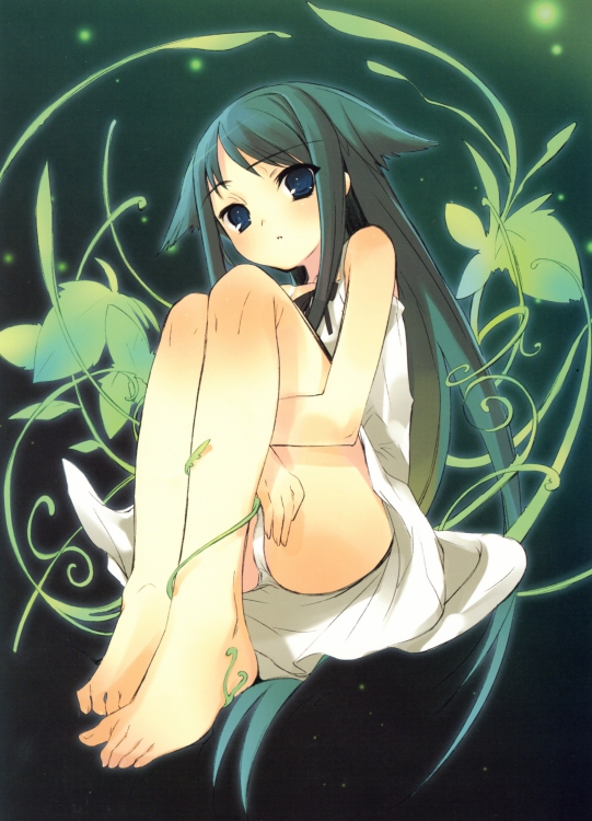 ito noizi, saya (saya no uta), saya no uta, 1girl, barefoot, blue eyes, dress, feet, female focus, green hair, long hair, panties, sitting, solo, underwear, white dress, white panties