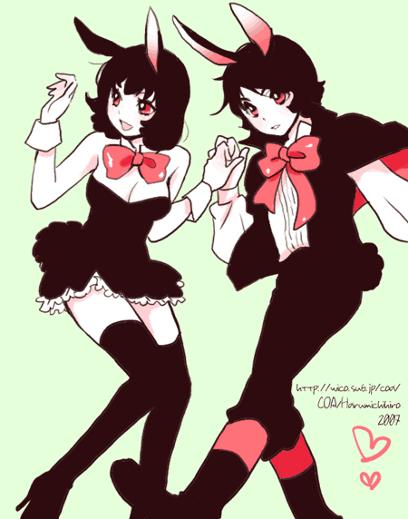 coa, bunny girl, animal ears, black hair, boots, bow, cuffs, dress, harumichihiro, pants, rabbit ears, red eyes, short hair