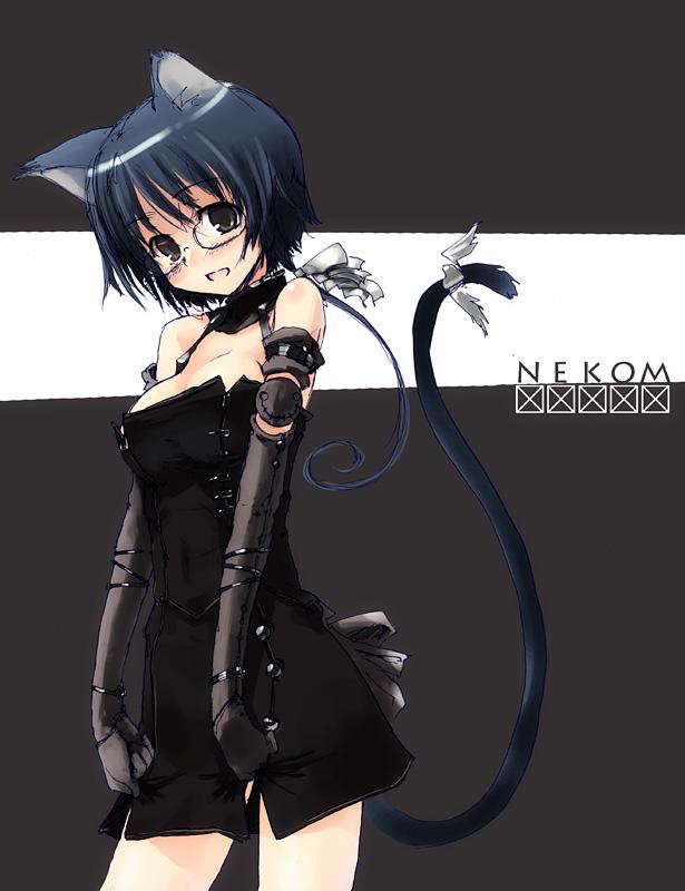 1girl, animal ears, armband, black eyes, blue hair, blush, bow, brown eyes, cat ears, collar, dress, female focus, glasses, gloves, halterneck, looking at viewer, open mouth, ponytail, ribbon, short hair, solo