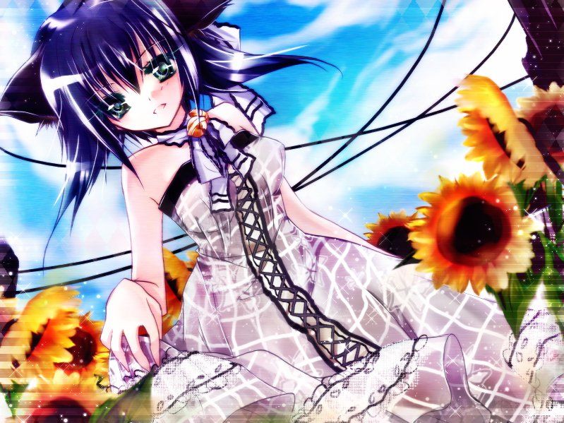 animal ears, bell, blue hair, cat ears, dress, flower, green eyes, ribbon, sunflower