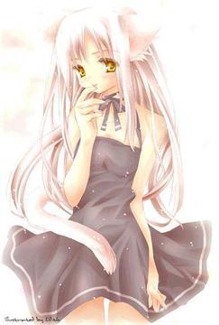 lowres, 1girl, animal ears, bow, cat ears, cat girl, dress, female focus, halterneck, long hair, solo, white hair, yellow eyes