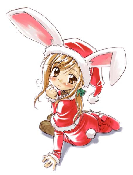 bunny girl, animal ears, blush, boots, brown eyes, brown hair, christmas, dress, hat, long hair, pantyhose, ponytail, rabbit ears