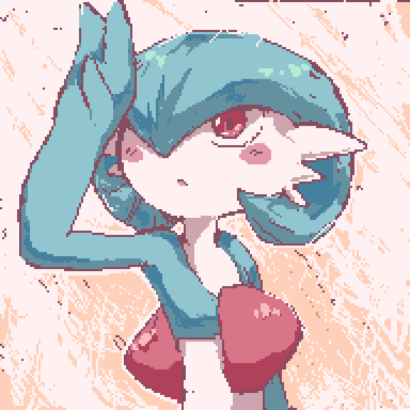 rr (user hcrd3433), gardevoir, nintendo, pokemon, 1girl, alternate color, arm at side, arm up, blue hair, blue skin, blush, blush stickers, bob cut, closed mouth, colored skin, female focus, flat chest, gen 3 pokemon, hair over one eye, looking to the side, looking up, multicolored skin, one eye covered, pixel art, pokemon (creature), red eyes, shading eyes, shiny pokemon, short hair, solo, two-tone skin, upper body, white skin