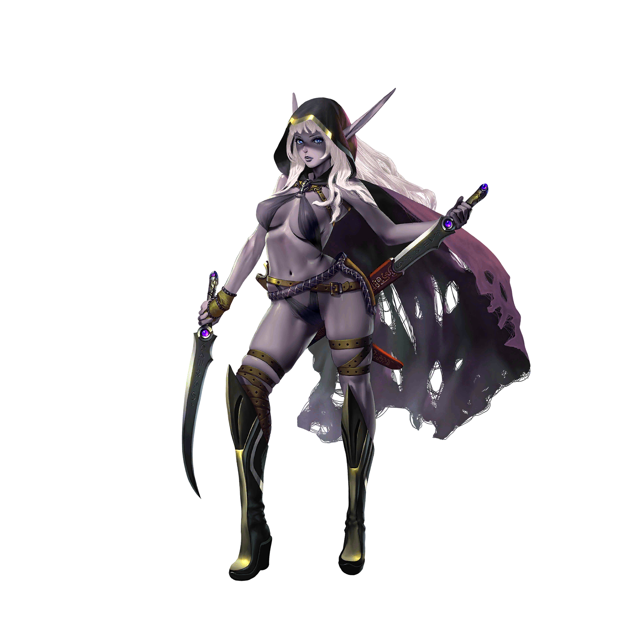 crystal maiden (series), artist request, game cg, highres, official art, variant set, 1girl, armor, bare arms, belt, black bra, black panties, blue eyes, bra, breasts, cape, colored skin, covered erect nipples, dual wielding, full body, grey lips, grey skin, groin, hair over shoulder, holding, holding sword, holding weapon, hood, hood up, morindel (crystal maidens), navel, panties, pointy ears, runes, scabbard, sheath, solo, sword, transparent background, underwear, very long ears, weapon, white hair