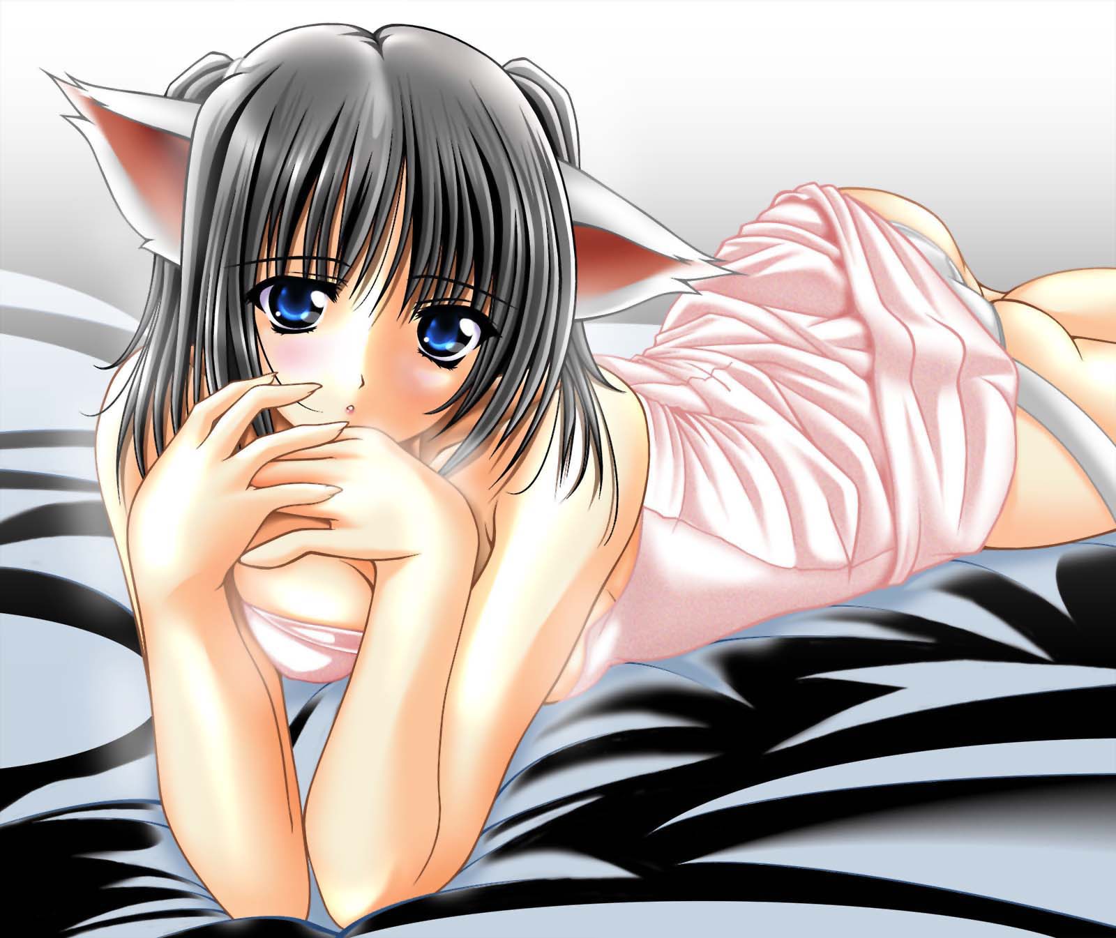 highres, animal ears, black hair, blue eyes, blush, cat ears, panties, sky lounge, towel, underwear