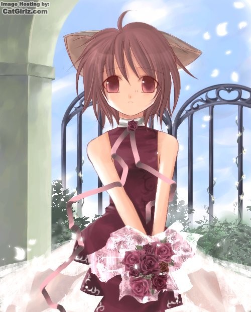 animal ears, bouquet, brown eyes, brown hair, dress, fence, flat chest, flower, plant, ribbon, rose, short hair, watermark
