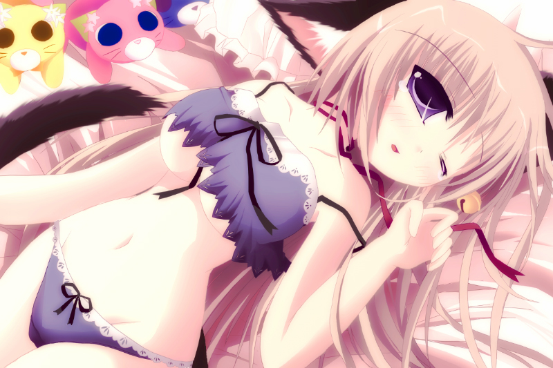 game cg, 1girl, animal ears, bandeau, bell, bow, breasts, brown hair, cat ears, female focus, lingerie, long hair, panties, purple eyes, ribbon, solo, underboob, underwear
