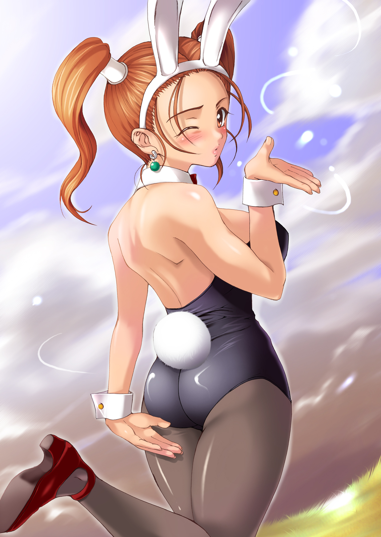 shinozuka jouji, jessica albert, dragon quest, dragon quest viii, square enix, highres, 1girl, alternate costume, animal ears, ass, black pantyhose, blush, breasts, brown hair, detached collar, fake animal ears, female focus, game, large breasts, leotard, one eye closed, pantyhose, playboy bunny, rabbit ears, red hair, solo, twintails, wink, wrist cuffs, yellow eyes