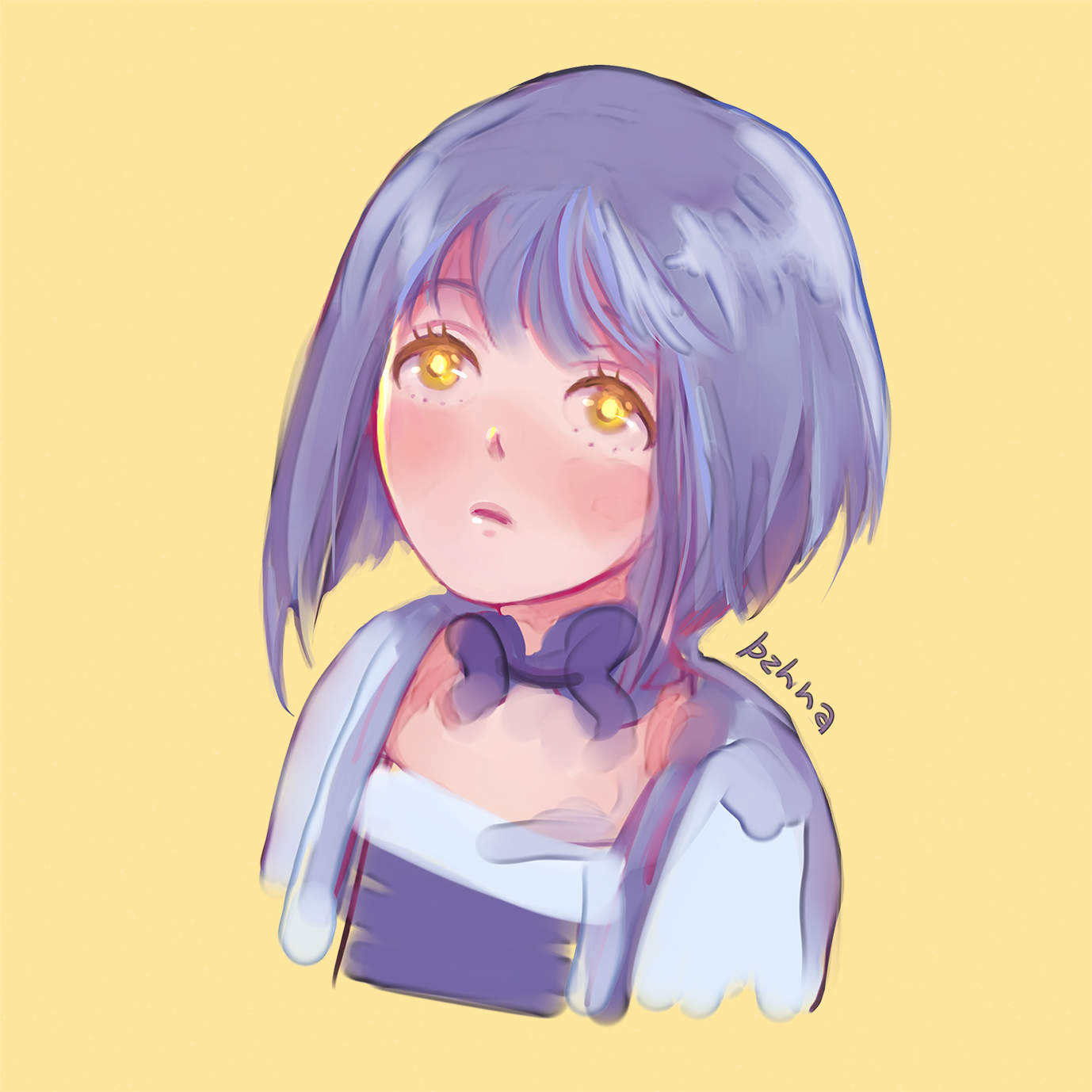 nikki (series), shining nikki, artist request, highres, third-party source, 1girl, black collar, black shirt, bob cut, bright pupils, closed mouth, collar, cropped torso, detached collar, expressionless, eyelashes, grey hair, jacket, light blush, lips, looking ahead, open clothes, open jacket, orange eyes, shirt, short hair, signature, simple background, solo, white jacket, yellow background, yellow pupils, yexiao (shining nikki)