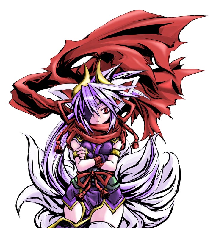 kobayashi tetsuya, kuon (shinrabanshou), shinrabanshou, animal ears, armband, cape, eyepatch, fox ears, gloves, long hair, ninja, ponytail, purple hair, red eyes, scarf, thighhighs
