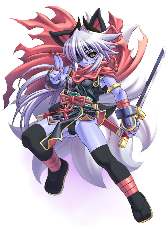 kuon (shinrabanshou), shinrabanshou, animal ears, blue skin, cape, colored skin, eyepatch, fox ears, gloves, long hair, ninja, ponytail, purple hair, scarf, sword, thighhighs, weapon, white hair, yellow eyes