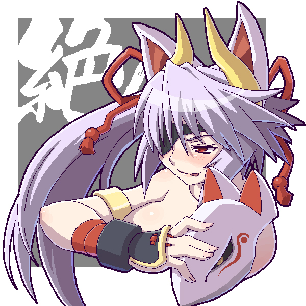 kuon (shinrabanshou), shinrabanshou, animal ears, armband, blush, eyepatch, fox ears, gloves, long hair, mask, ponytail, purple hair, tongue, white hair