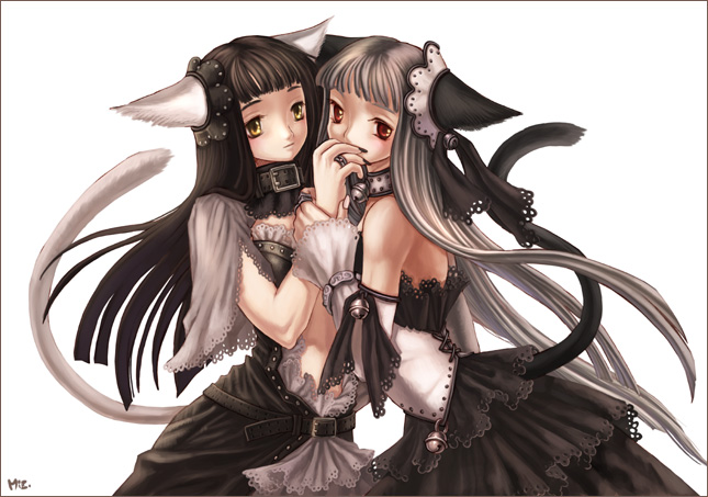 animal ears, bell, black hair, brown hair, cat ears, collar, dress, gothic lolita, grey hair, lolita fashion, long hair, red eyes, skirt, white hair, yellow eyes