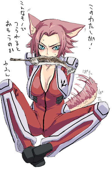 satou atsuki, kouzuki kallen, code geass, 00s, animal ears, blue eyes, blush, cat ears, cat tail, dog ears, dog girl, dog tail, fish, karen kouzaki, mouth hold, pink hair, red hair, short hair, solo, tail