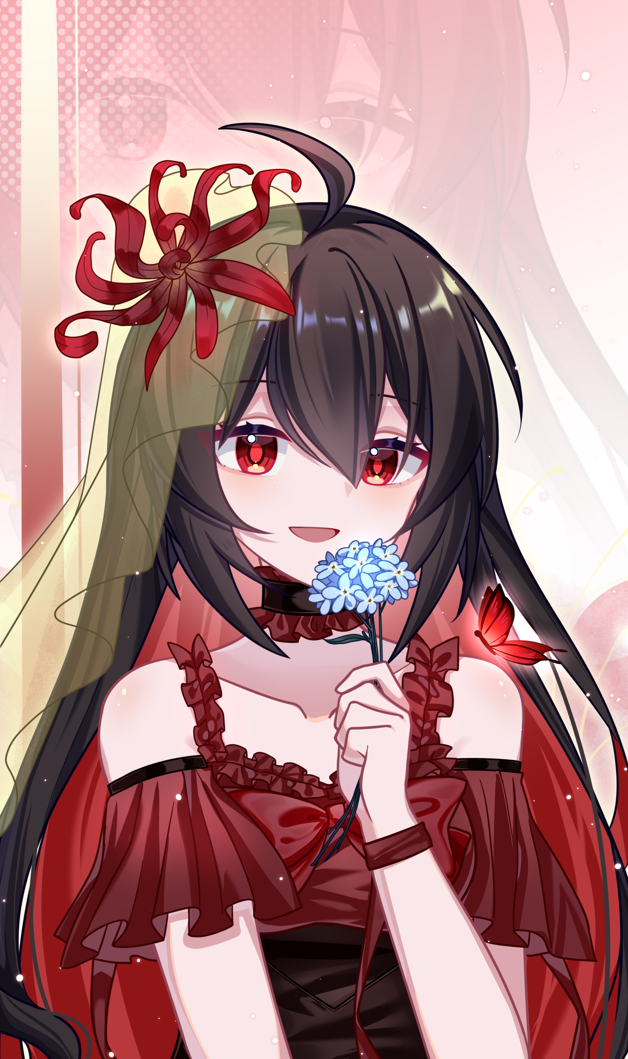 msyg2258, seele (alter ego), seele vollerei, honkai (series), honkai impact 3rd, absurdres, chinese commentary, commentary request, highres, 1girl, ahoge, alternate costume, bare shoulders, black hair, breasts, colored inner hair, dress, flower, hair flower, hair ornament, holding, holding flower, long hair, multicolored hair, red dress, red eyes, red hair, smile, solo, two-tone hair, upper body, very long hair, zoom layer