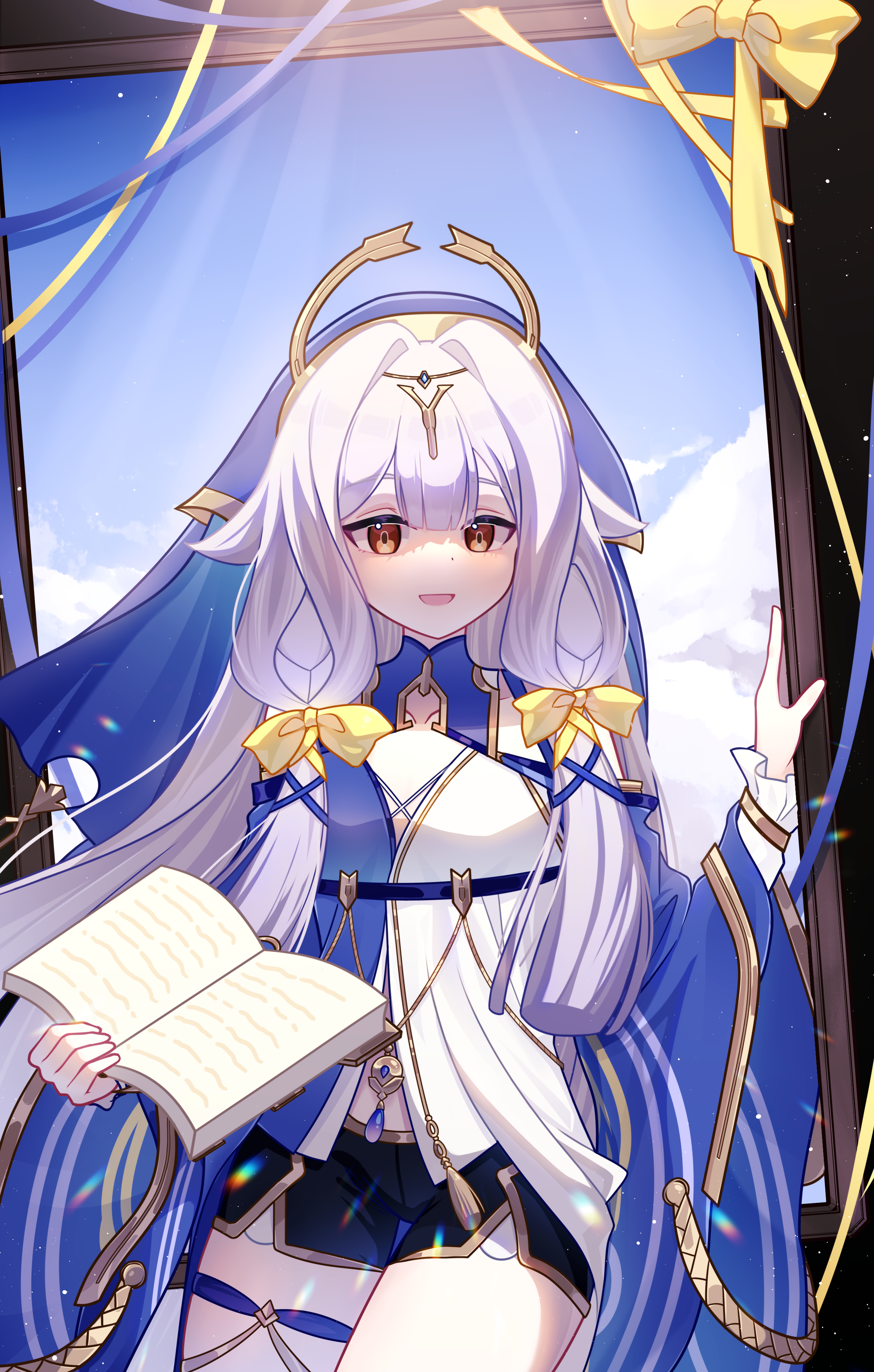 msyg2258, serapeum (honkai impact), honkai (series), honkai impact 3rd, absurdres, chinese commentary, commentary request, highres, 1girl, black shorts, blue veil, book, breasts, holding, holding book, long hair, open book, picture frame, short shorts, shorts, small breasts, smile, solo, two-tone shirt, veil, very long hair, white hair, yellow eyes