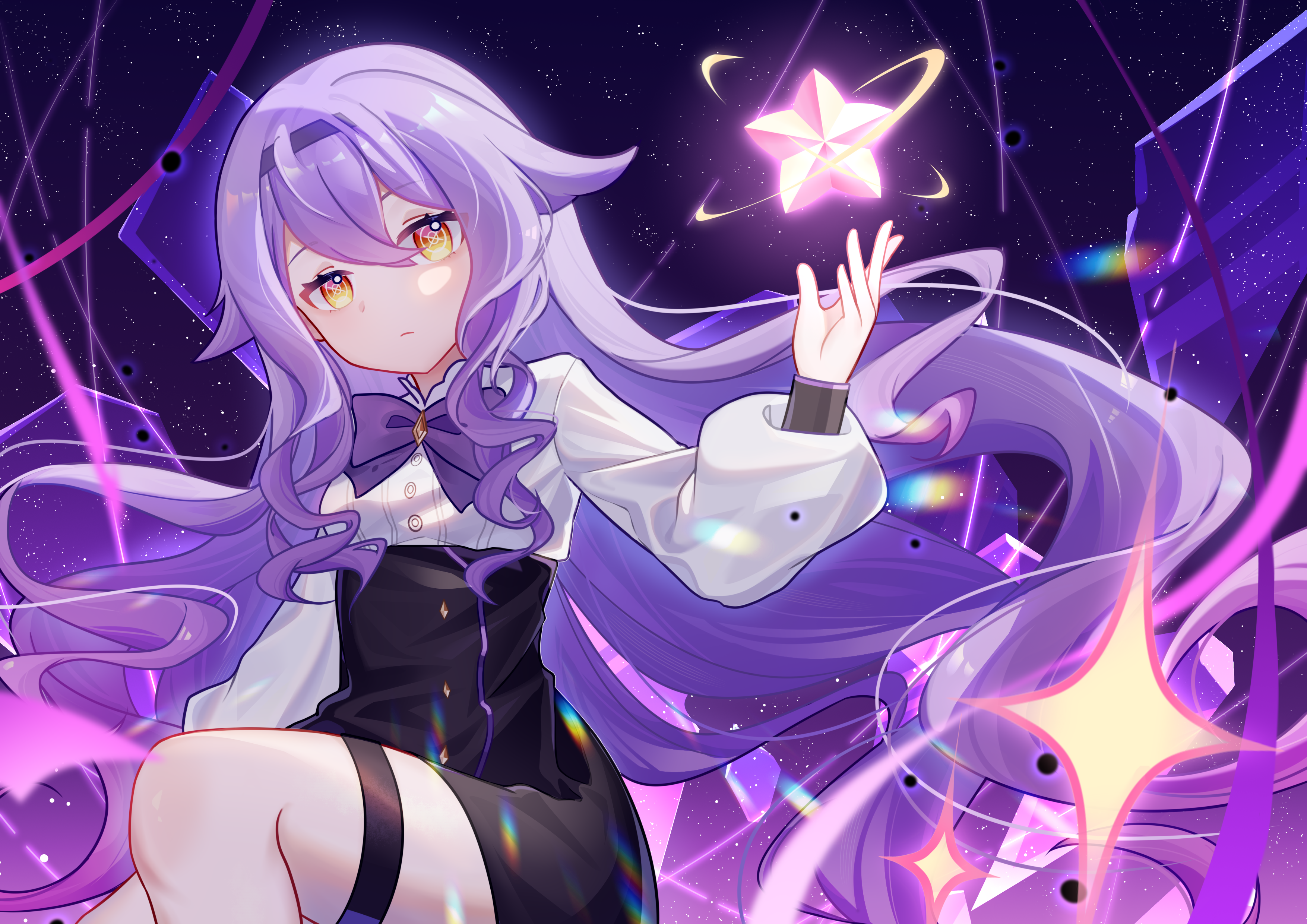 msyg2258, sirin, sirin (magic academy uniform), sirin (miracle magical girl), absurdres, chinese commentary, commentary request, highres, 1girl, black skirt, bow, bowtie, breasts, closed mouth, hairband, long hair, looking at viewer, night, night sky, official alternate costume, purple bow, purple bowtie, purple hair, purple hairband, shirt, skirt, sky, small breasts, solo, star (symbol), thigh strap, thighs, very long hair, white shirt, yellow eyes