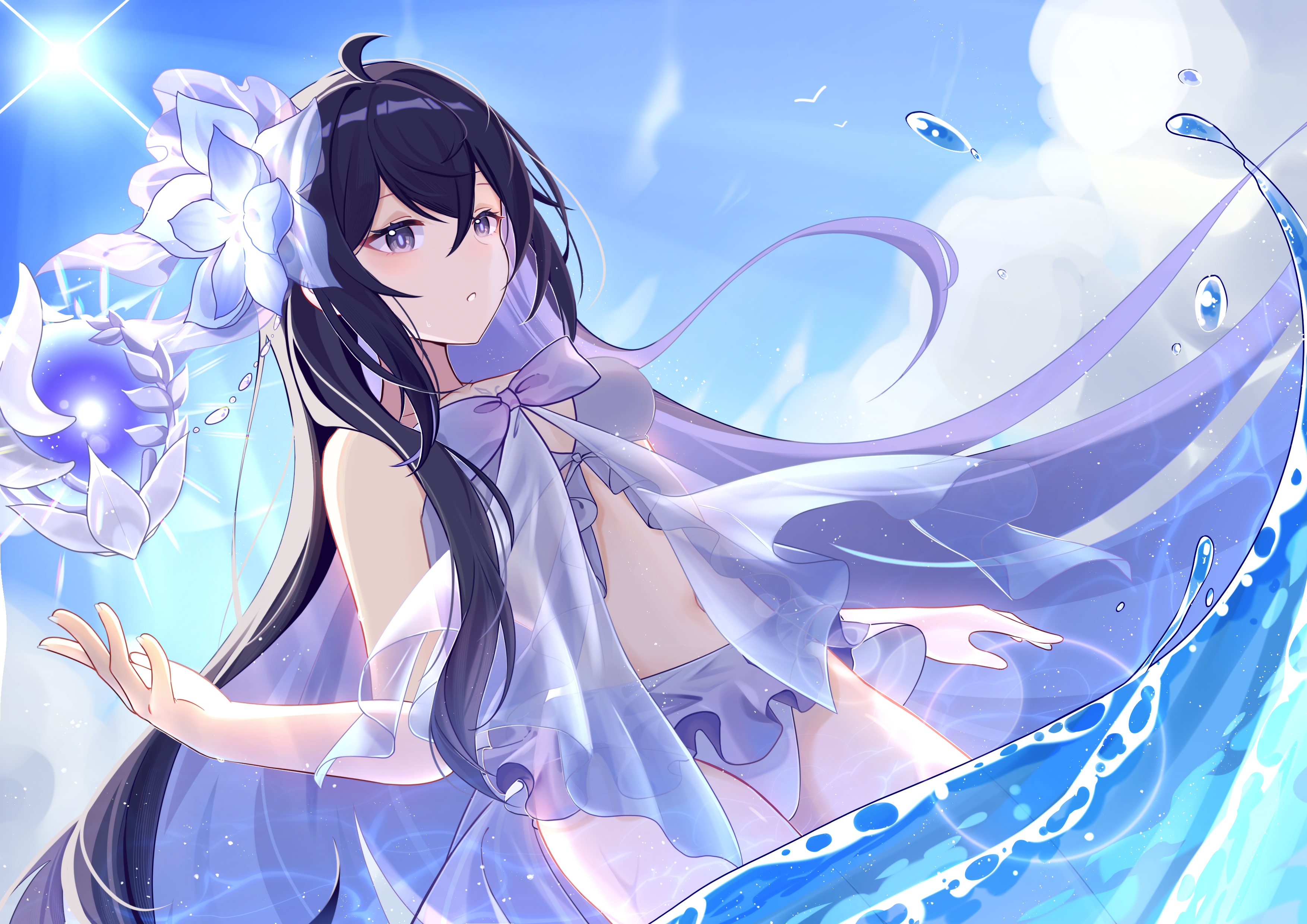 msyg2258, seele vollerei, seele vollerei (summer 2023), honkai (series), honkai impact 3rd, absurdres, chinese commentary, commentary request, highres, 1girl, ahoge, bikini, black hair, blue eyes, blue hair, blue sky, breasts, colored inner hair, flower, hair flower, hair ornament, long hair, medium breasts, multicolored hair, official alternate costume, partially submerged, sky, solo, stomach, sunlight, swimsuit, swimsuit cover-up, thighs, very long hair, white bikini