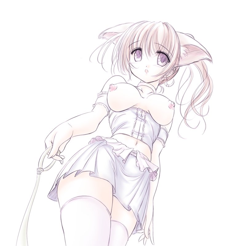 1girl, animal ears, breasts, brown hair, cat ears, collar, female focus, leash, navel, necktie, ponytail, purple eyes, simple background, skirt, solo, standing, thighhighs, white background