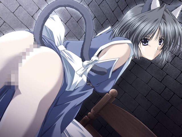 dahlia (brightia), brightia, cronus, game cg, 1girl, animal ears, ass, bed, bedroom, black hair, blue eyes, bow, cat ears, censored, clothes lift, dutch angle, female focus, indoors, japanese clothes, kimono, kimono lift, leaning forward, looking at viewer, looking back, mosaic censoring, purple eyes, short hair, solo, tail