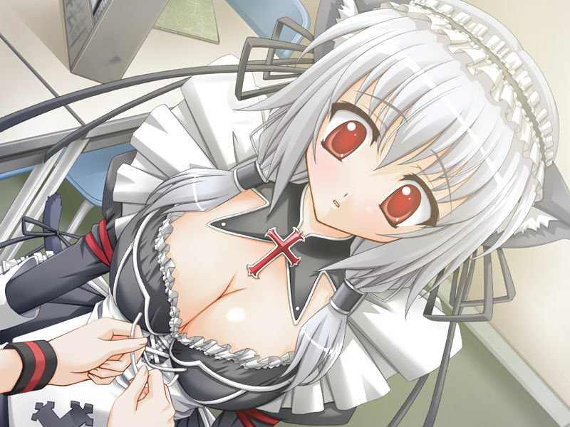 kusaka fujino, school festa, game cg, 1boy, 1girl, animal ears, bow, breasts, cat ears, cleavage, dress, gothic lolita, grey hair, lolita fashion, maid, red eyes, ribbon, twintails
