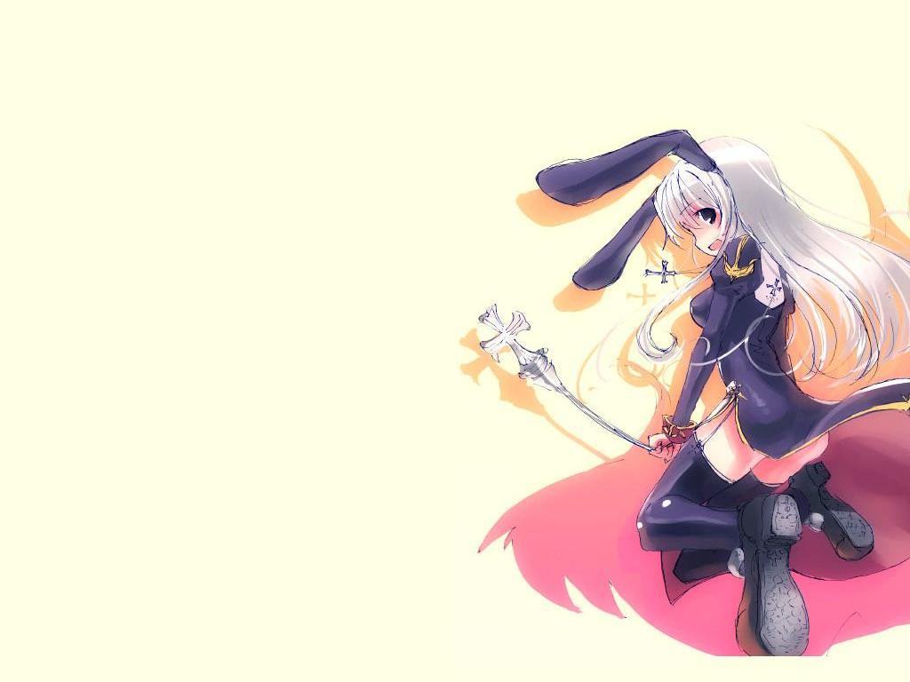 ragnarok online, animal ears, black eyes, blonde hair, dress, garter belt, grey hair, long hair, rabbit ears, thighhighs, white hair