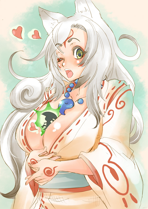 tsuutenkaaku, amaterasu (ookami), issun, ookami (game), 1girl, animal ears, between breasts, breasts, cleavage, dog ears, grey hair, heart, huge breasts, japanese clothes, kimono, long hair, magatama, one eye closed, personification, white hair, wink, wolf ears, yellow eyes