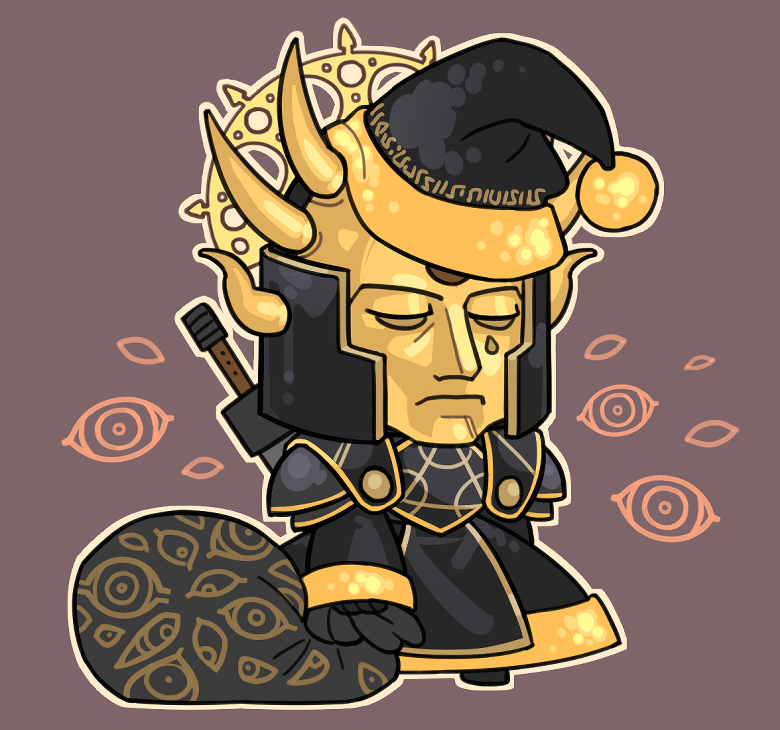 ryouhiko ankuu, e.y.e: divine cybermancy, commentary, english commentary, 1boy, armor, black armor, black robe, brown background, chibi, chibi only, christmas, commander rimanah, eye symbol, fake horns, full body, gift bag, gold, gold mask, hat, helmet, holding, holding sack, horned helmet, horns, mask, meme, outline, padoru (meme), robe, sack, sad, santa hat, sheath, sheathed, simple background, single tear, solo, sword, weapon, weapon on back, yellow outline
