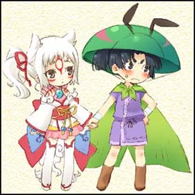 loverial+phantom, mochiya marosuke, amaterasu (ookami), issun, phantom, capcom, ookami (game), lowres, 1boy, 1girl, animal ears, cape, chibi, dog ears, fantasy, grey hair, hetero, holding hands, japanese clothes, kimono, long hair, personification, tattoo, thighhighs, white hair, wolf ears