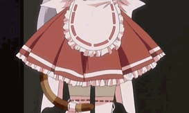 primula, shuffle!, animated, animated gif, anime screenshot, lowres, 00s, 1girl, animal ears, apron, arm ribbon, bell, blue eyes, bow, bowtie, breasts, cat ears, cat tail, cowboy shot, dress, ear wiggle, female focus, frilled apron, frills, grey hair, hands on own chest, indoors, jingle bell, kemonomimi mode, long hair, long sleeves, looking at viewer, maid, maid apron, maid headdress, own hands together, pale skin, purple hair, raised eyebrows, ribbon, ribbon-trimmed legwear, ribbon trim, small breasts, solo, standing, tail, tail bell, tail ornament, tail ribbon, tail wagging, thighhighs, turtleneck, very long hair, window, zettai ryouiki