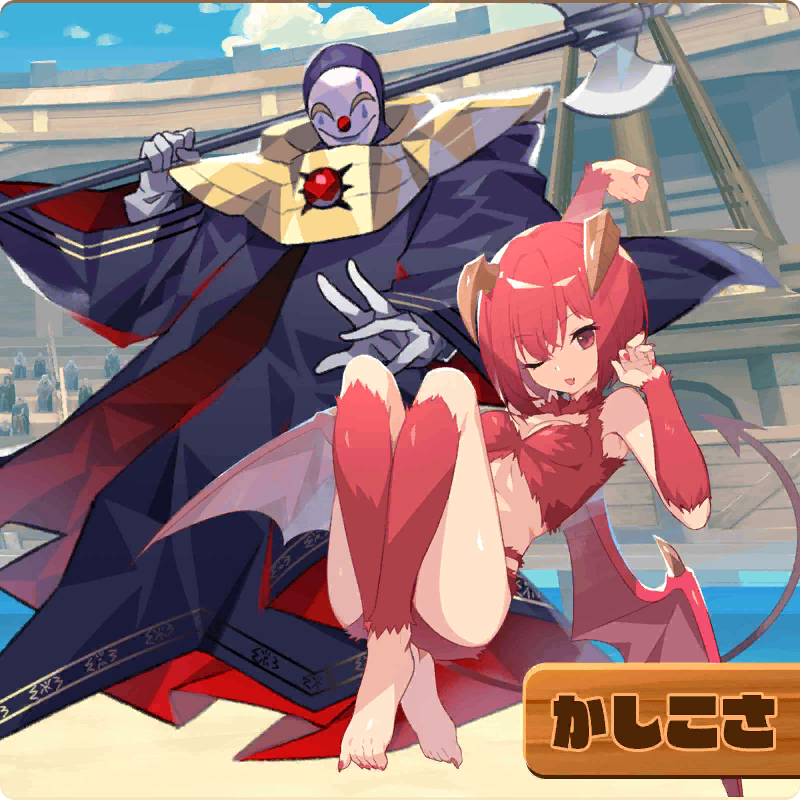 pixie (monster farm), line: monster farm, monster farm, official art, fur bikini, horns, joker (monster farm), mask, monster girl, tail, wings