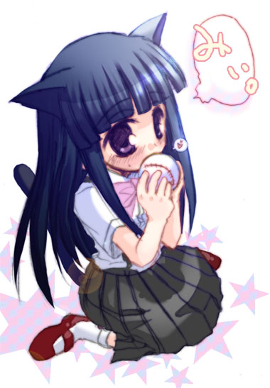 furude rika, higurashi no naku koro ni, 00s, 1girl, animal ears, blue hair, bow, cat ears, cat tail, female focus, hime cut, long hair, purple eyes, skirt, socks, solo, tail