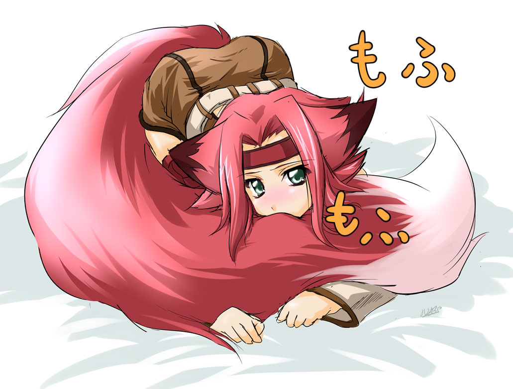 kouzuki kallen, code geass, 00s, animal ears, blush, fox, fox ears, fox tail, green eyes, karen kouzaki, pink hair, red hair, tail
