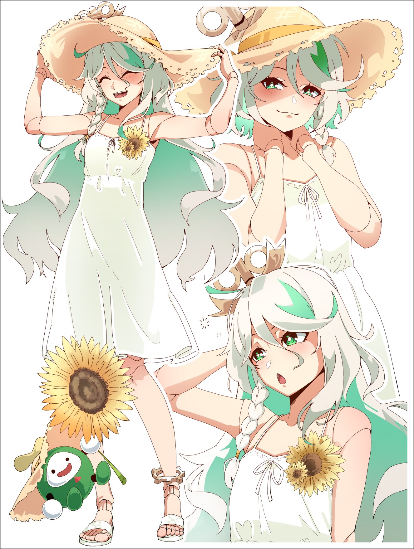 joeboto, cecilia immergreen, otomo (cecilia immergreen), hololive, hololive english, commentary, english commentary, highres, 1girl, alternate costume, alternate hairstyle, arms up, closed eyes, closed mouth, doll joints, dress, flower, gradient hair, green eyes, green hair, grey hair, hand on own head, hands on headwear, hands on own neck, hat, holding, holding flower, joints, long hair, looking at viewer, multicolored hair, multiple views, open mouth, simple background, sleepy, sleeveless, sleeveless dress, smile, spaghetti strap, squeans, standing, streaked hair, sun hat, sundress, sunflower, virtual youtuber, white background, white dress, winding key