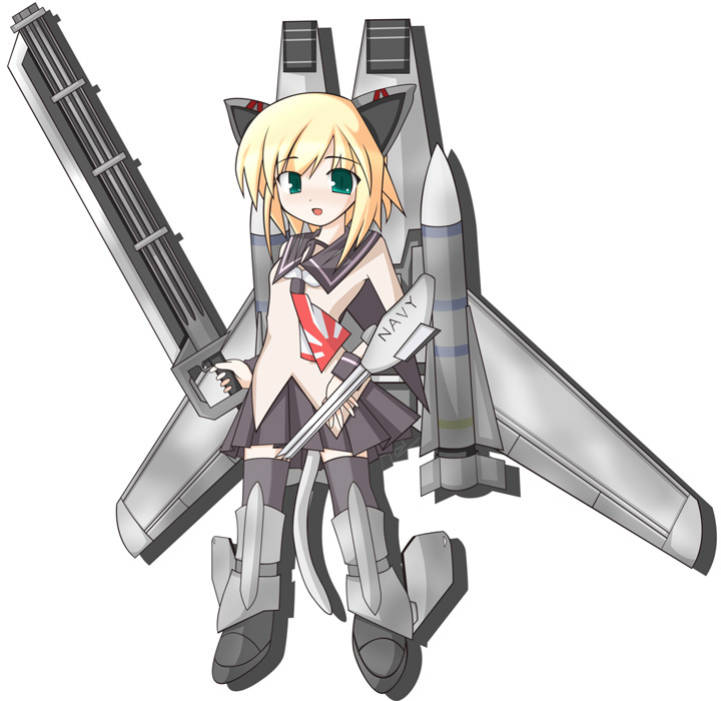 f-14, navy, animal ears, blonde hair, blue eyes, cat ears, green eyes, mecha, necktie, rail gun, robot, school uniform, serafuku, short hair, skirt, thighhighs