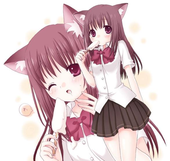 animal ears, blush, bow, brown hair, cat ears, food, ice cream, icy pole, long hair, pink eyes, purple eyes, red eyes, red hair, school uniform, serafuku, shirt, skirt, white shirt