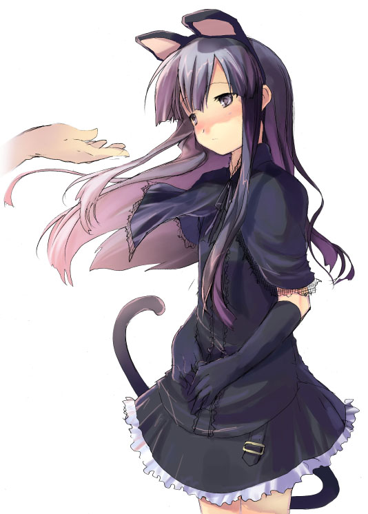 hazuki (tsukuyomi), tsukuyomi moonphase, 00s, animal ears, black eyes, black hair, blue eyes, blue hair, bow, cat ears, flat chest, frills, gloves, gothic lolita, lolita fashion, long hair, pink hair, purple eyes, purple hair, skirt
